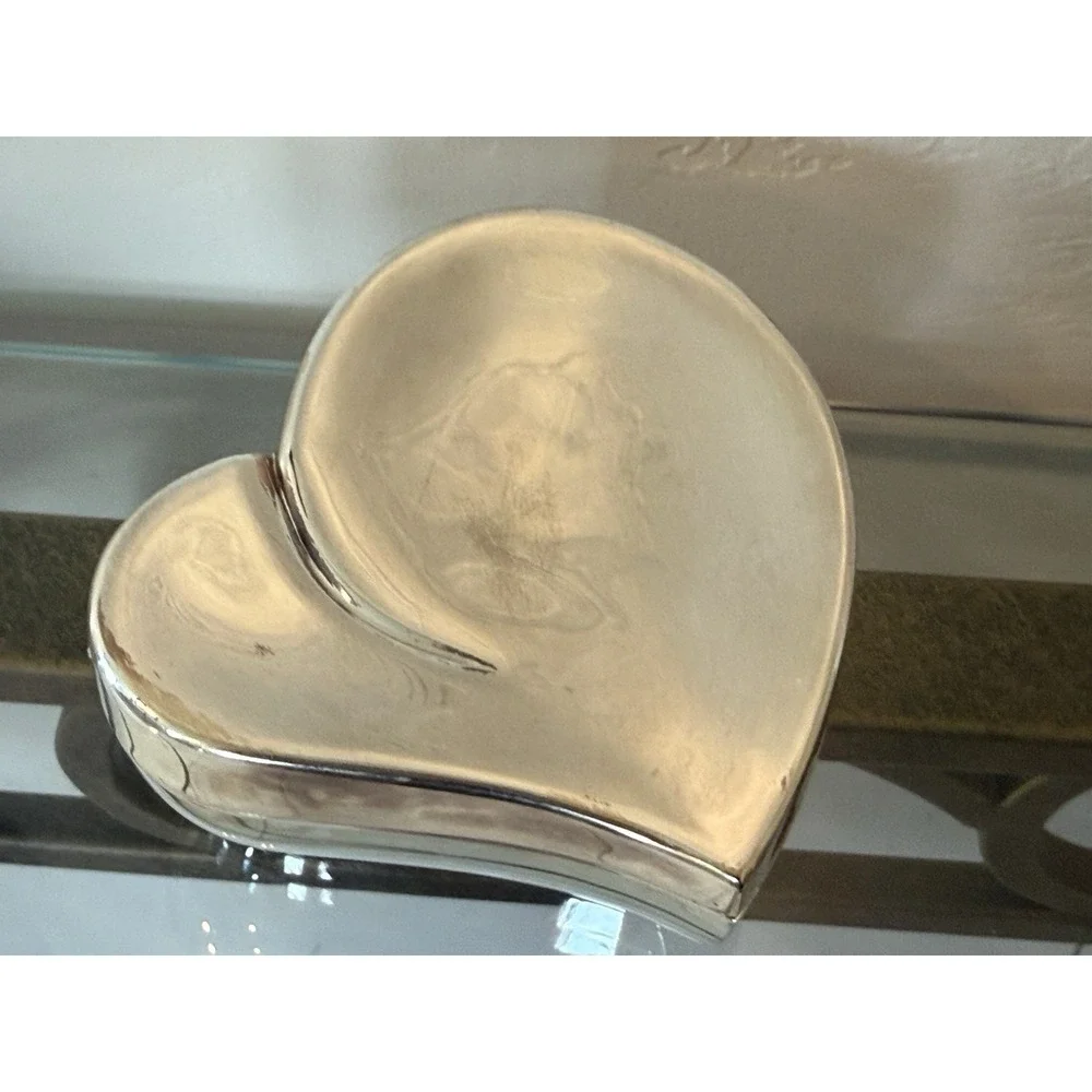 Vintage Polished Silver tone Mid Century Heart Trinket Box Black Velvet Lining